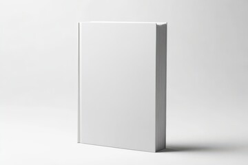 Minimalistic white hardcover book standing upright isolated on white background, suitable for book covers and publishing themes