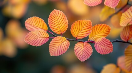 Close-up of vibrant orange and red autumn leaves on a branch.