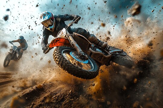 This dramatic photo captures the thrilling moment a motocross rider crashes into a barrier during a race, showcasing the adrenaline and risks of extreme sports.

