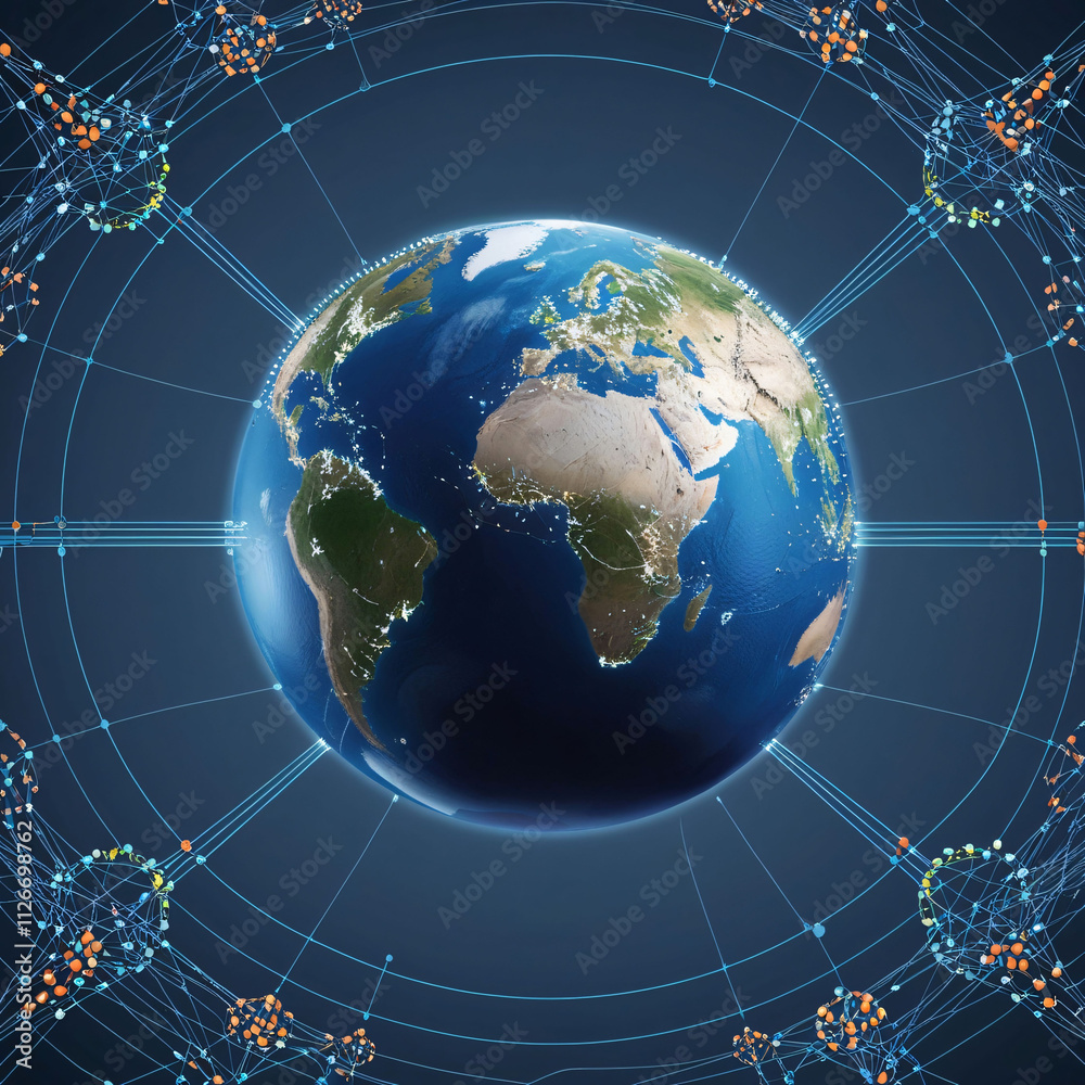 Poster technology connects the globe through digital networks and data sharing in a conceptual visualizatio