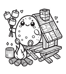 Coloring page design potato fire camp with marshmellow