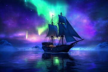 Fototapeta premium Elegant sailing ship under colorful Northern Lights, floating on calm water, starry night sky