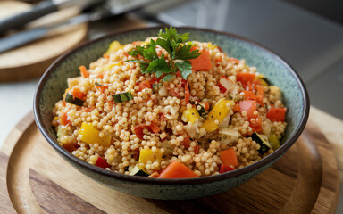 Colorful vegetable couscous served in a bowl on a wooden cutting board
