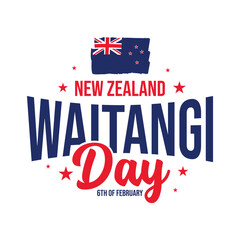 New Zealand Waitangi Day banner, poster, flyer, greeting card to celebrate on 6th February. Waitangi Day typography with New Zealand flag and stars on white background. Red and blue text vector.