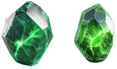 Radiant Green Crystals with Glowing Light Effects in Geometric Shapes isolated on transparent background.