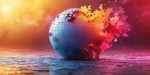 A colorful, abstract sphere appears to dissolve or explode with vibrant hues against a textured background, creating a dynamic, artistic scene.