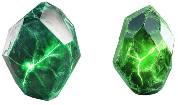 Radiant Green Crystals with Glowing Light Effects in Geometric Shapes isolated on transparent background.