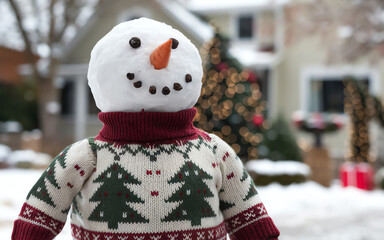 Snowman wearing a festive sweater stands in front of a decorated house during winter