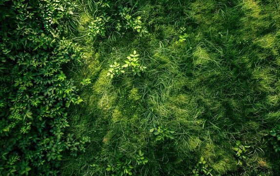 Irregular partially mowed lawn, imperfect half cut grass with lines, strips. Drone shot, copy space, soft shadows. Top view botanical unique background. Messy fresh green field, flawed organic texture