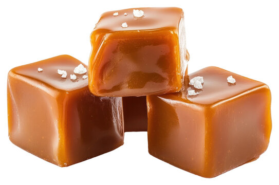 Three caramel cubes stacked and melted caramel chocolate dessert ketchup.