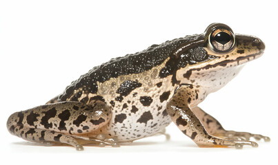 Fototapeta premium Detailed close-up of a speckled frog, showcasing its unique markings and texture against a clean white background. Ideal for educational or scientific purposes.
