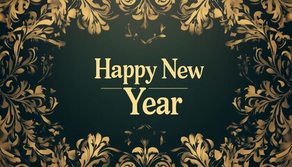 Stylish "Happy New Year" card with dark green and gold, luxurious patterns, refined feel