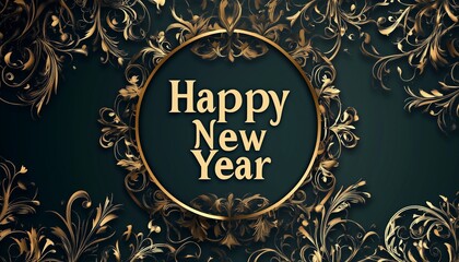 Stylish "Happy New Year" card with dark green and gold, luxurious patterns, refined feel