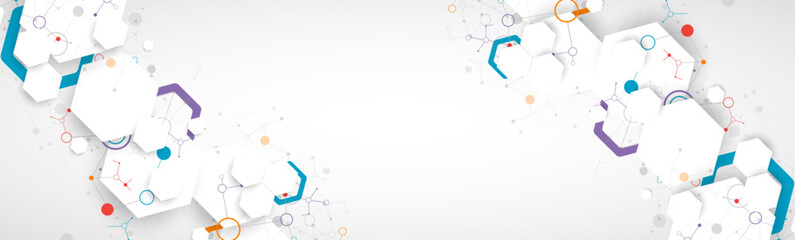 Scientific fbstract background. White hexagons with a plexus effect and circles connected by lines. Hand drawn vector.