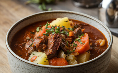 Hearty beef stew with root vegetables and herbs served in a rustic bowl