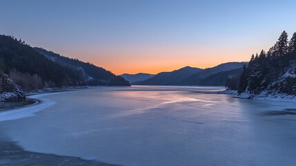Fototapeta premium Orange Dawn Reflected on Frozen Lake