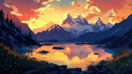 Fototapeta premium A tranquil mountain lake glowing under golden hour light, surrounded by majestic, snow-capped peaks