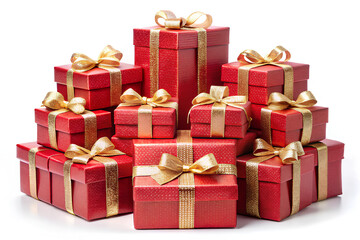 Obraz premium Christmas gift boxes with gold ribbon on isolated white background, Clipping path