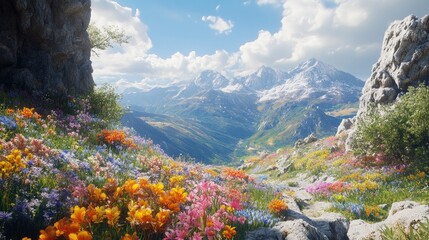 A beautiful landscape with rocky cliffs and slopes filled with vibrant flowers, creating a picturesque view
