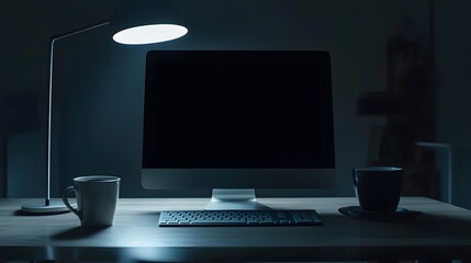 Late Night Computer Work Illuminated By Desk Lamp