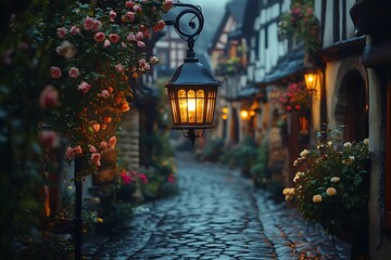 Fototapeta premium Charming old town street illuminated by vintage lamps at night