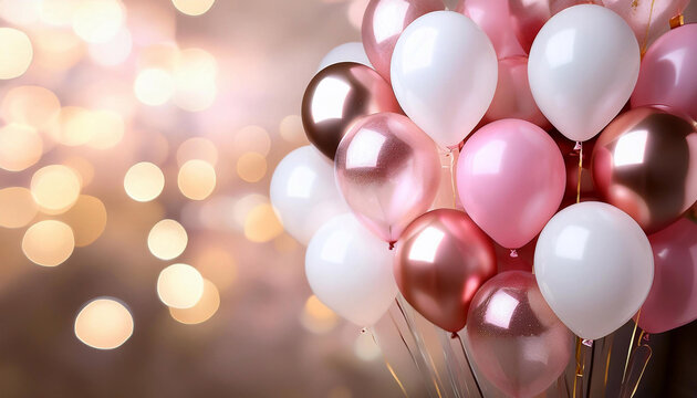 Party, tło na urodziny lub uroczystość, impreza, radosna atmosfera, świętowanie, konfetti i białe i r&oacute;żowe balony