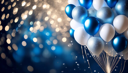 Party, tło na urodziny lub uroczystość, impreza, radosna atmosfera, świętowanie, konfetti i białe i niebieskie balony