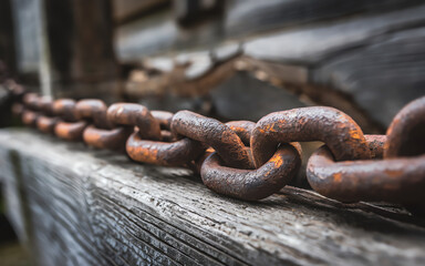 Rusty chain links resting on a weathered wooden surface in an outdoor setting