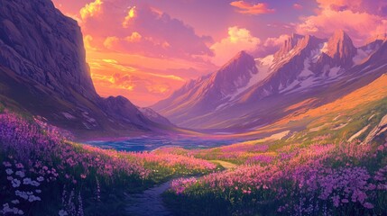 A serene mountain pass lined with wildflowers, surrounded by towering cliffs under a vibrant sunset sky