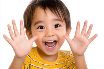 child with hands up smiling, showing his fingers