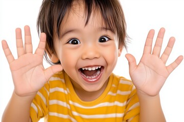 child with hands up smiling, showing his fingers