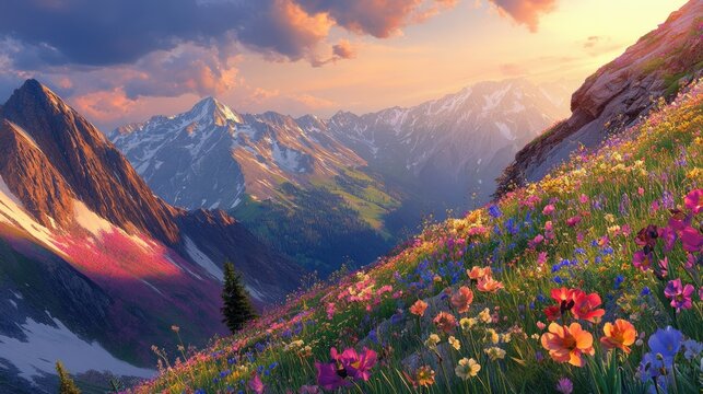 A unique mountain landscape with jagged cliffs and slopes blanketed in vibrant wildflowers, under a glowing sunset - Powered by Adobe