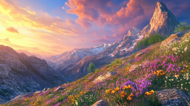 A unique mountain landscape with jagged cliffs and slopes blanketed in vibrant wildflowers, under a glowing sunset