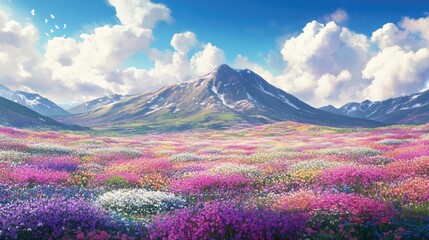 A vibrant flower field stretching to the base of a majestic mountain, creating a stunning and colorful landscape