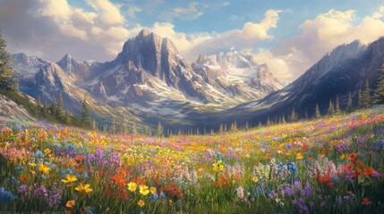 A vibrant meadow of colorful flowers at the base of a towering cliff, framed by distant mountain peaks