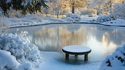 A frozen lake with a meditation seat on its edge, surrounded by snow-draped evergreens, reflecting the calm essence of winter zen.