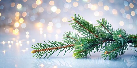Obraz premium Festive evergreen branch with bokeh lights reflecting on a shiny surface
