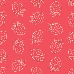 Strawberry vector seamless pattern. White line doodle drawings on red background.