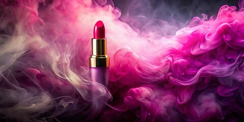 A vibrant lipstick tube, elegantly displayed amidst swirling pink and white smoke, creating a dramatic and alluring visual