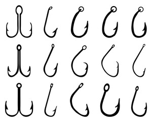 Black silhouettes of different fishing hooks