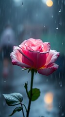 Obraz premium Lonely pink rose with raindrops on the window for moody and romantic indoor decor 