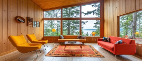Cozy Wooden Cabin Interior with Scenic Lake View and Fall Foliage