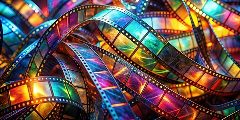 Intricate swirls of vibrant film reels showcasing a spectrum of colorful frames and rich textures.