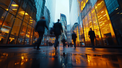 fast moving busy businessmen reflecting in glass of building