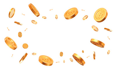 3d realistic flying Bitcoin gold coins with effect bokeh on white isolated background. Rich or casino luck concept. Precious expensive treasure. Stock vector illustration.	
