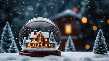 Banner for Christmas, New Year theme. Shimmering New Year's crystal ball. Christmas house with fir tree in snow globe on snowy background. Winter. New Year. Merry Christmas 