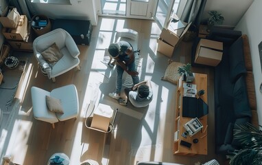 Young black couple in messy room, new home owners unpacking in their apartment. Real estate, renovation, mortgage, rent poster. Top view of roommates looking at boxes with belongings after relocation