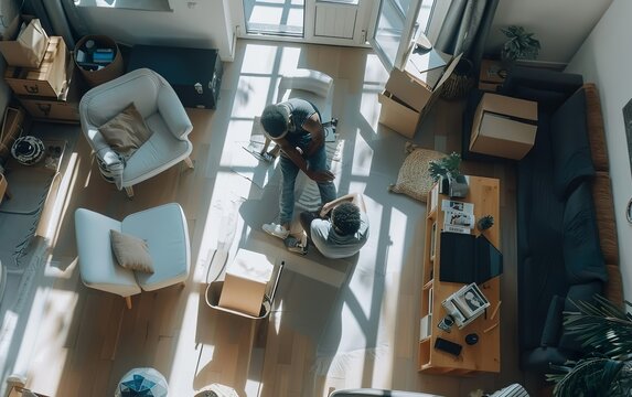 Young black couple in messy room, new home owners unpacking in their apartment. Real estate, renovation, mortgage, rent poster. Top view of roommates looking at boxes with belongings after relocation