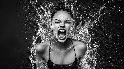 Obraz premium A dramatic black-and-white image of a woman screaming amidst splashing water.