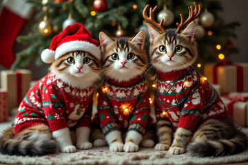 hree Cats in Matching Christmas Sweaters Posing by the Tree